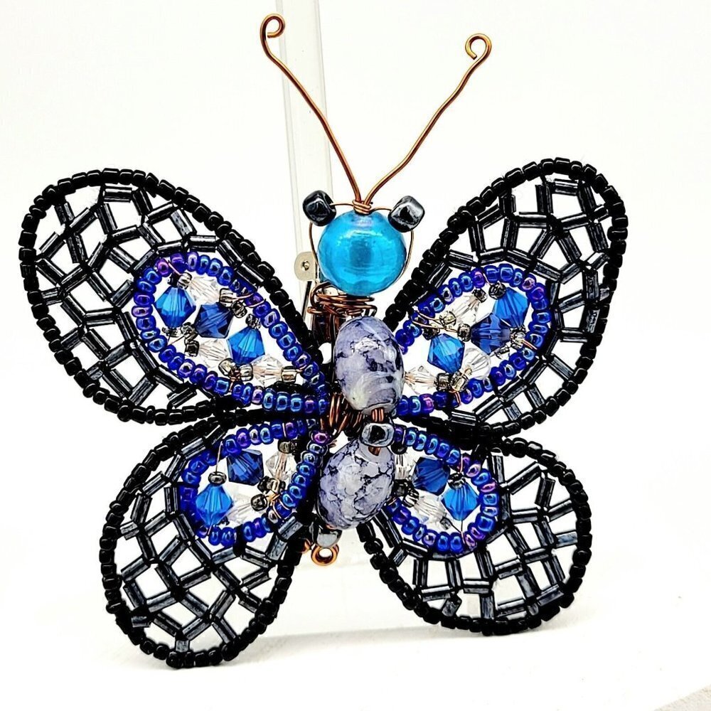 Handmade Artisan Beaded Butterfly Brooch Copper Wire Wrapped Artsy Whimsical VGC